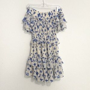 MISA Los Angeles Cream Off Shoulder Ruched Ruffle Mini Dress Blue Floral…